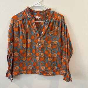 Sundry Floral Ruffle Neck Henley Size 0  XS Blousen Sleeve 100% cotton